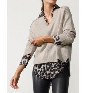Brochu Walker The Looker Combo Sweater XS Gray Animal Print Wool Cashmere Preppy